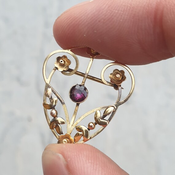 Antique 9ct Gold Brooch Art Nouveau Garnet Openwo… - image 4