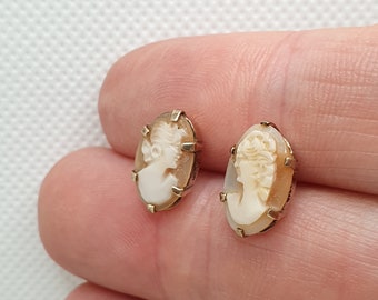 Vintage 9ct oro Cameo pendientes Stud gran ovalado real concha elegante contraste 1971 damas busto mujeres damas joyería niñas joyería regalo