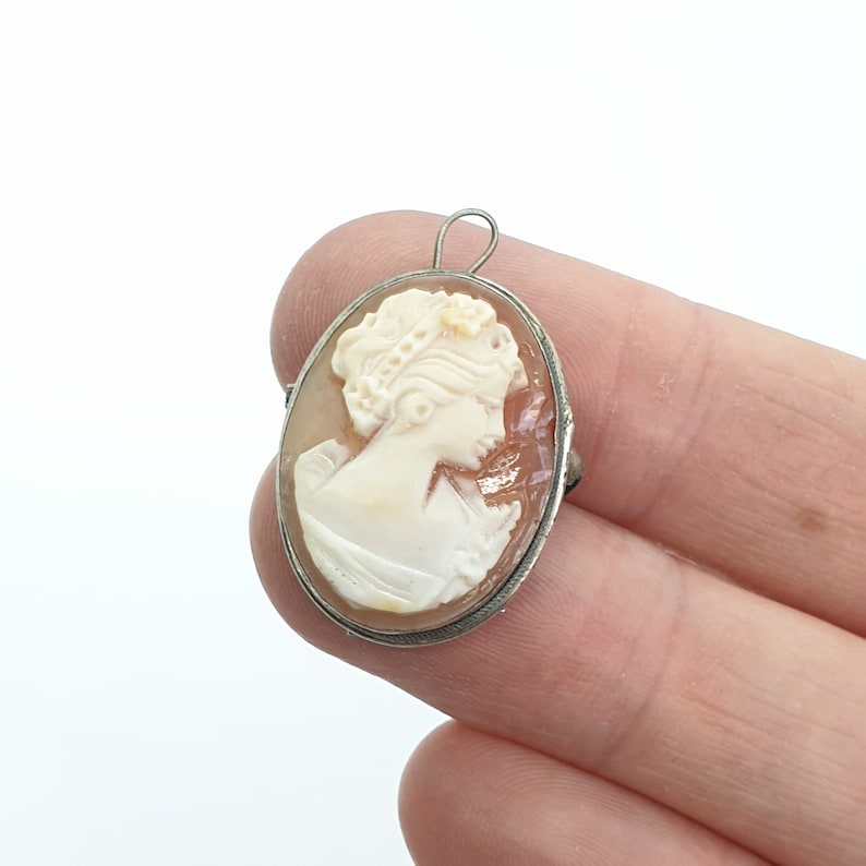 Old Vintage Sterling Silver Cameo Brooch Pendant Shell 1940s Solid 925 ...
