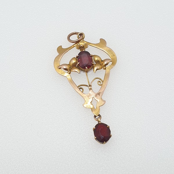 Antique 9ct Rose Gold Pendant Garnet Lavaliere Edwardian Openwork Drop Necklace Fancy Art Nouveau Lavalier Vintage Jewelry Jewellery Ladies