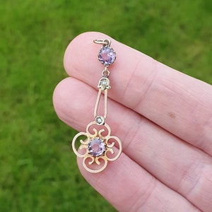 Antique 9ct Gold Pendant Amethyst Gemstone 2.53g Edwardian Openwork Drop Fancy Art Nouveau Lavaliere Lavalier Vintage Jewelry Jewellery Gift