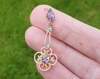 Antique 9ct Gold Pendant Amethyst Gemstone 2.53g Edwardian Openwork Drop Fancy Art Nouveau Lavaliere Lavalier Vintage Jewelry Jewellery Gift