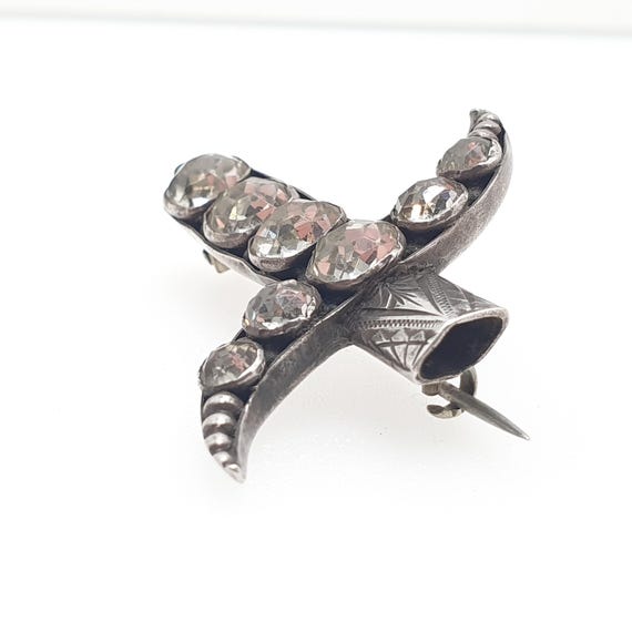 Antique Solid Silver Crescent Brooch Diamond Past… - image 5