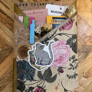 K&ouml;nnte beinhalten: Eine handgefertigte Bucheinschlagh&uuml;lle mit floralem und botanischem Design, mit einem Katzenaufkleber auf B&uuml;chern. Die H&uuml;lle enth&auml;lt einen rosa Quastenanh&auml;nger, Etiketten und kleine Gegenst&auml;nde. Die W&ouml;rter "Love Triangle", "Book Review", "Reading", "Secrets" und "Romance" sind sichtbar.