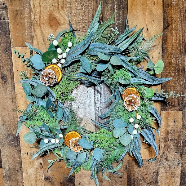 Eucalyptus Christmas Farmhouse Wreath/Holiday Wreath With Dried Fruit /Holiday Wreath With White Berries And Pinecones