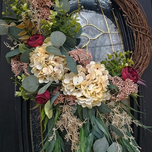 Cascading greenery wreath with Hydrangeas,year round wreath for front door,hydrangea and peony wreath, everyday wreath,  gift for mom.