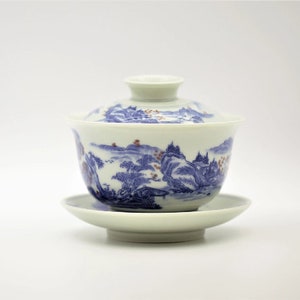 Handmade landscape painting, covered bowl, tea cup and tea set