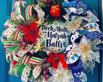 Deck the Halls with Matzah Balls Deco Mesh Wreath, Chrismukkah, Christmas and Hanukkah, Everything Holiday Wreath