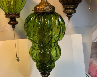 8” wide x 24”Long real green vintage hanging swag lamp light with diffuser