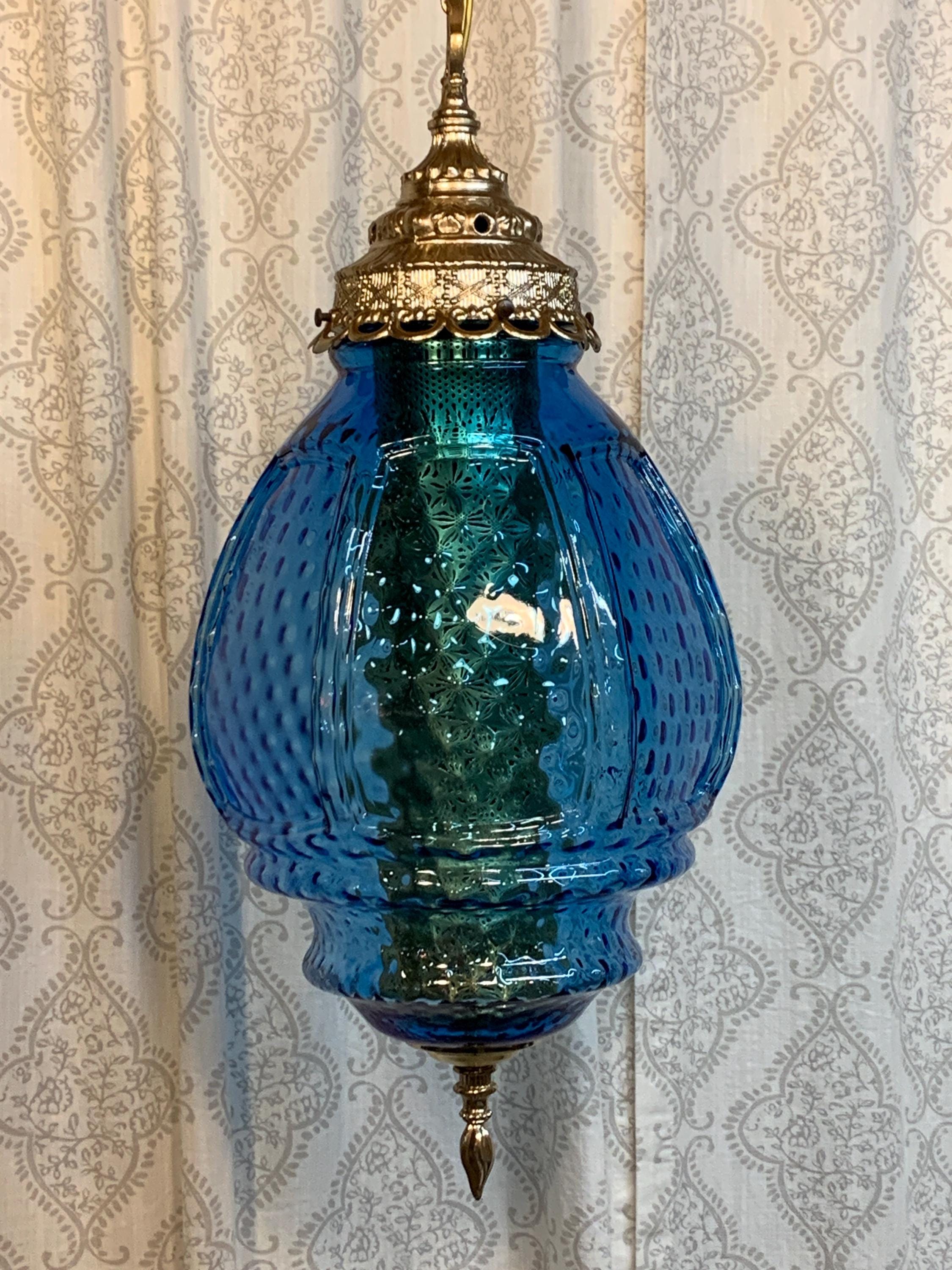 Real Blue Glass Lantern Shaped Vintage Hanging Swag Lamp Light - Etsy