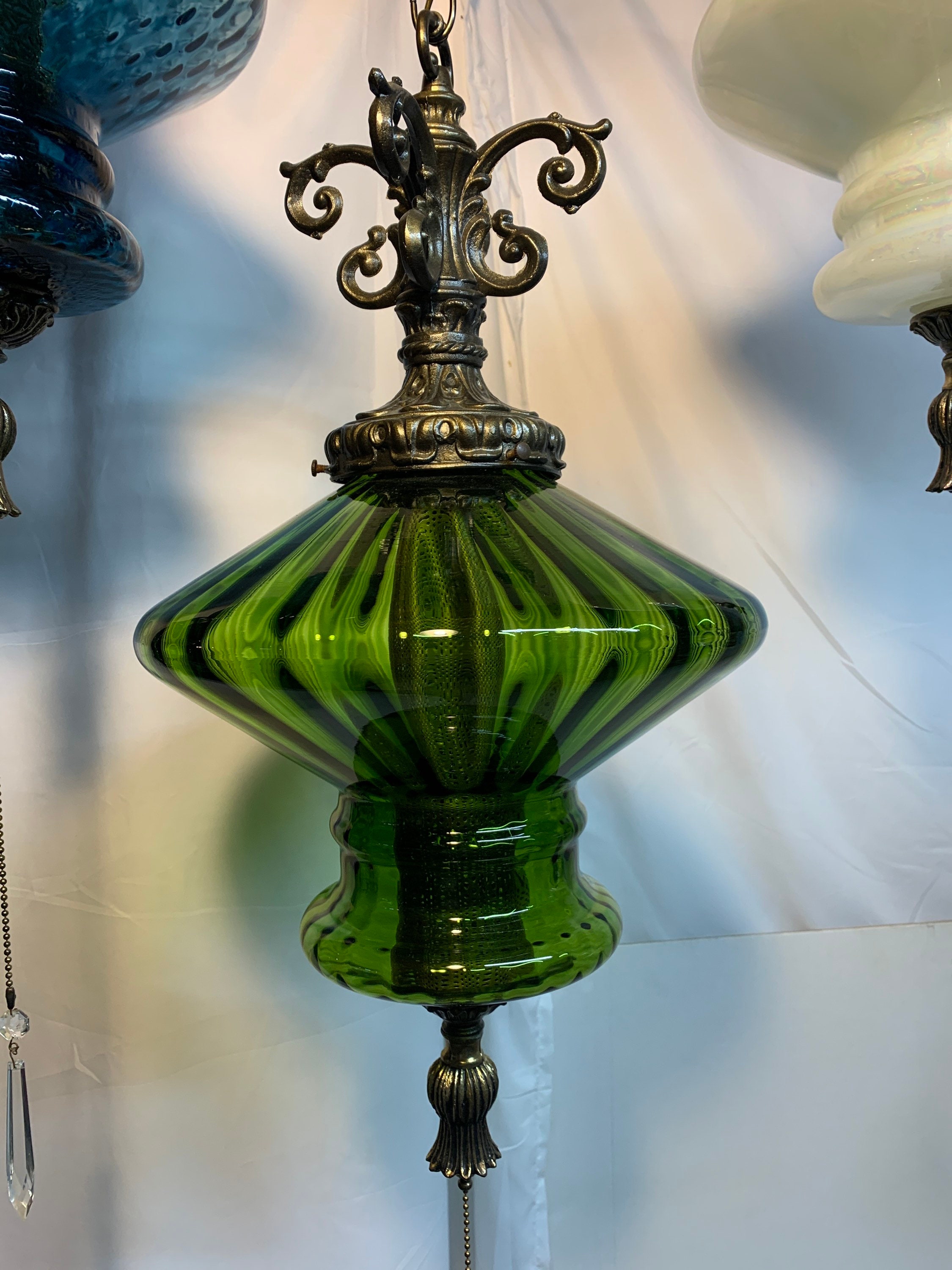 Nice Vintage Swag Lamp With Real Green
