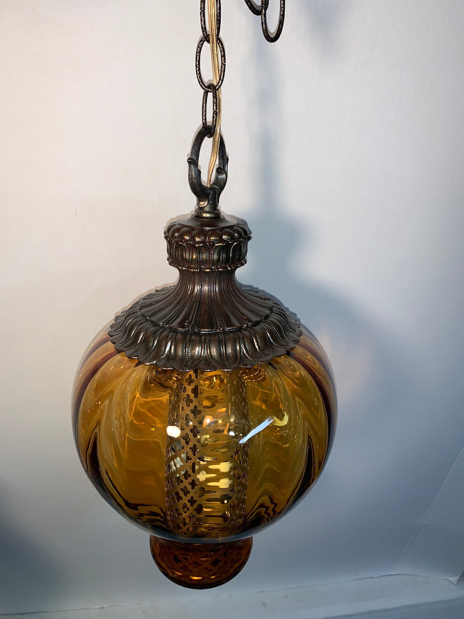 Amber glass vintage hanging swag lamp light Etsy