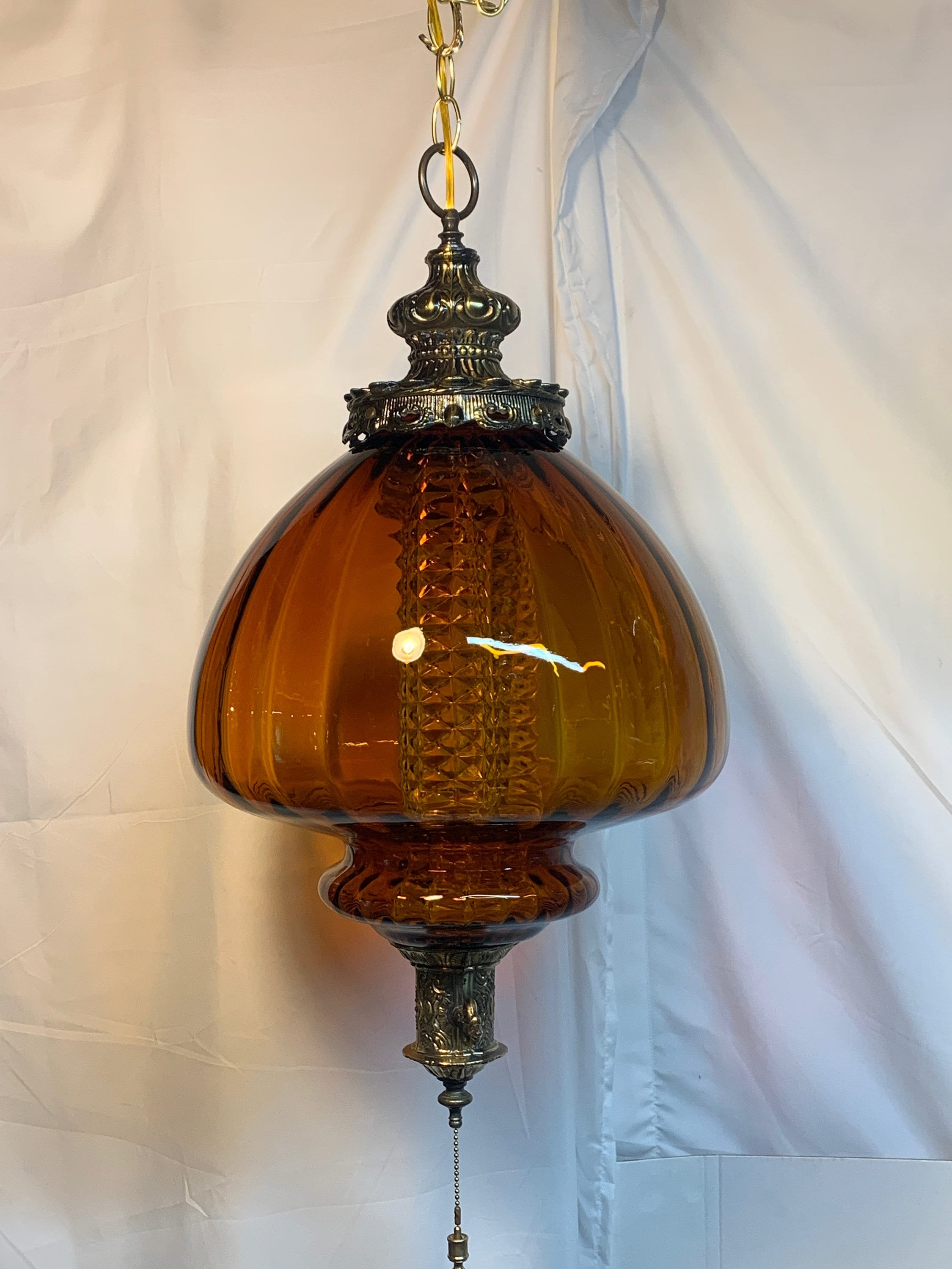 Large Real Amber Ribbed glass vintage hanging swag lamp light