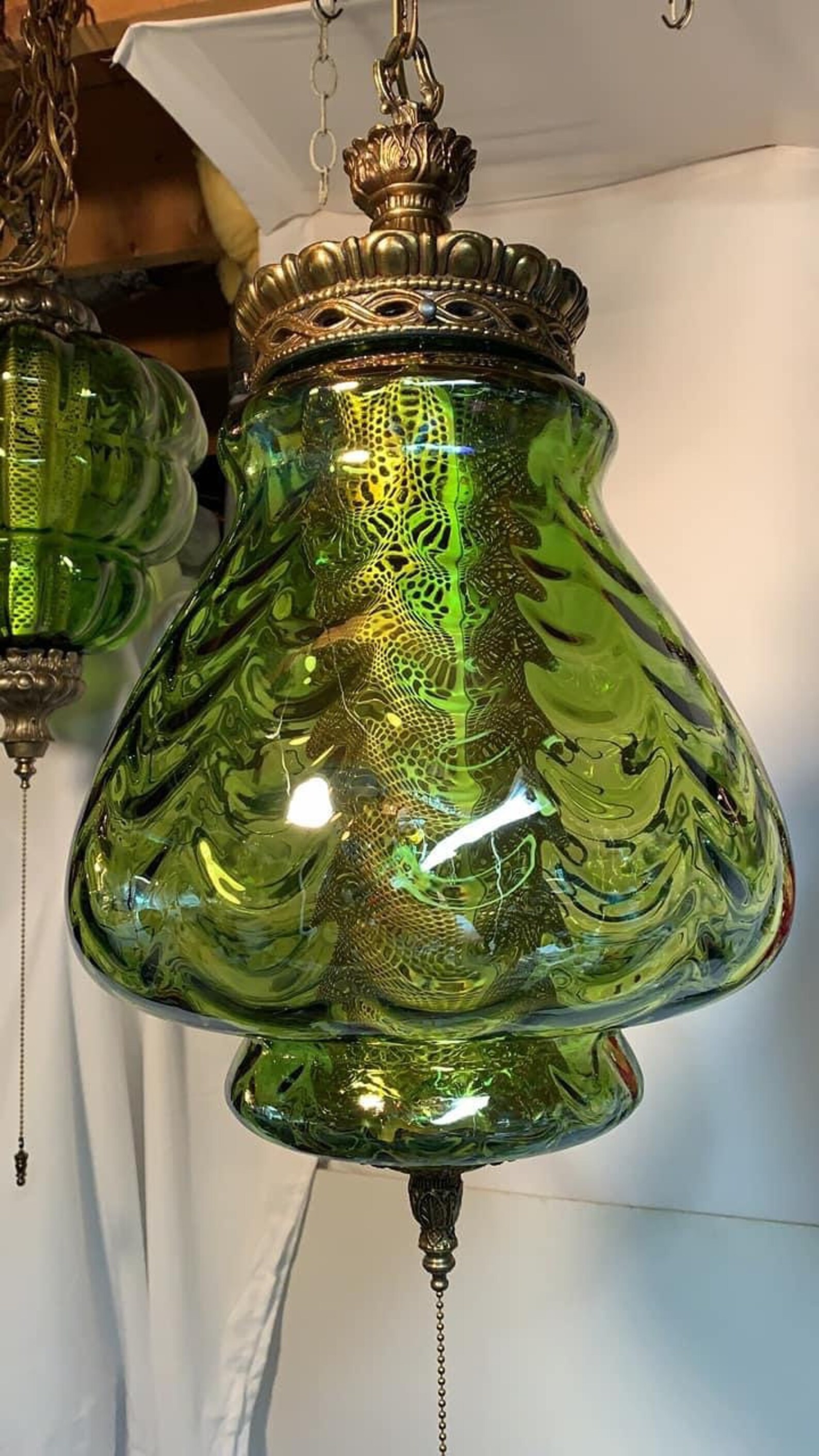 Real Green Carnival Glass Vintage Hanging Swag Lamp Light Etsy