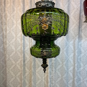 Very Cool Real Green Glass Vintage Hanging Swag Lamp Light.