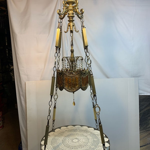 Hollywood Regency Brass Framed Hanging Swag Lamp Table With Amber Glass Lantern and Crystals