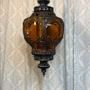 12” Wide Gothic Amber Lantern Style Glass Vintage Hanging Swag Lamp Light