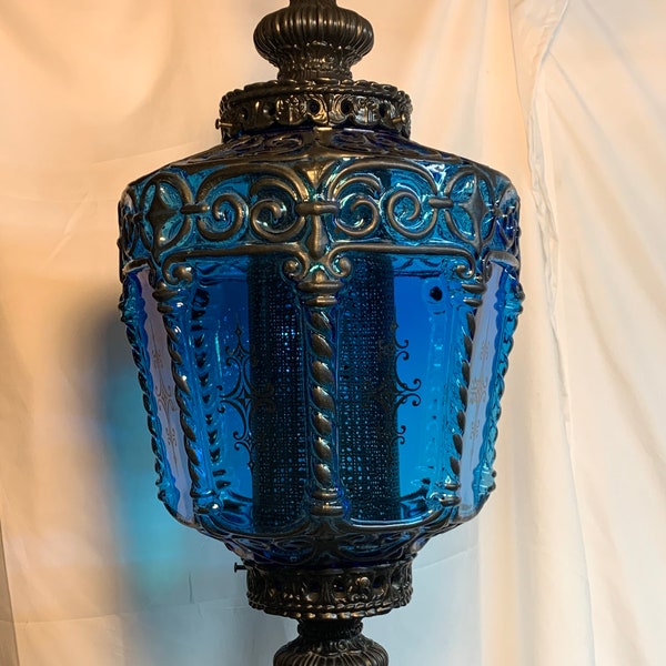 12” Wide Super Cool Gothic Blue Glass Vintage Hanging Swag Lamp Light