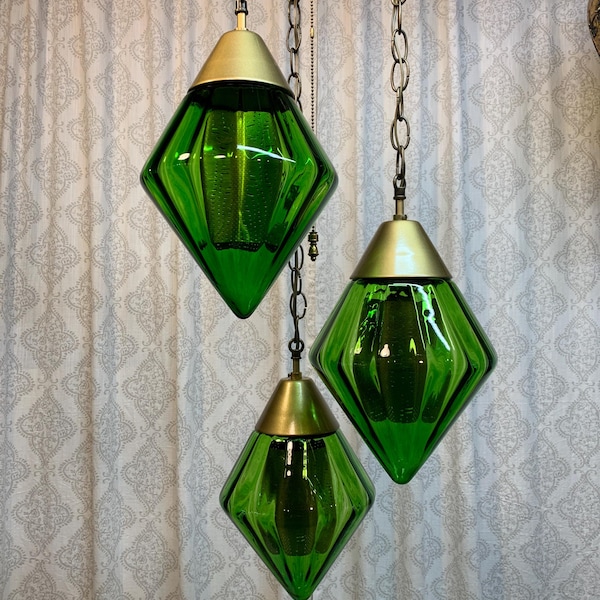 Absolutely awesome triple diamond real green glass swag hanging lamp