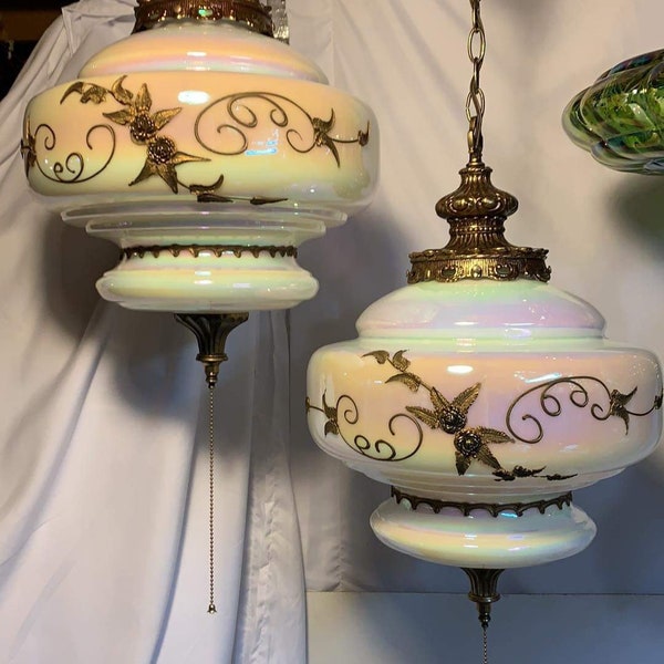 Awesome 14” wide white opalescent glass vintage hanging swag lamp light