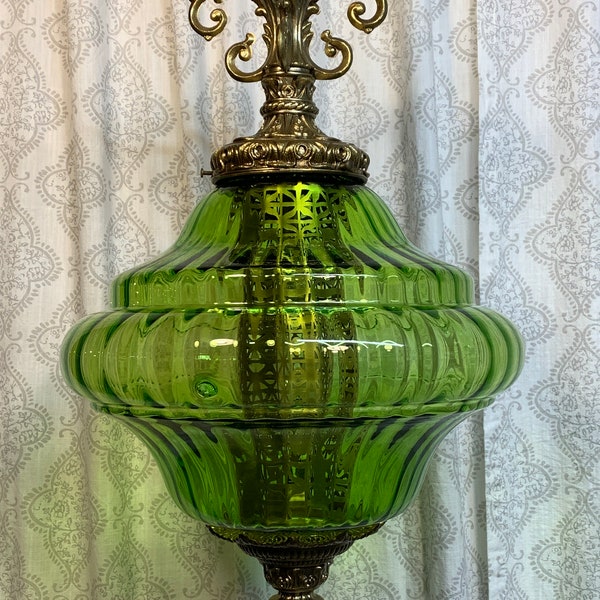 Large 15” wide real green glass vintage hanging swag lamp light
