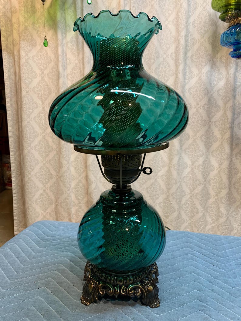 Rare Real Teal Swirl Glass hurricane lamp
