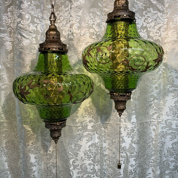 Pair of Real Green glass vintage hanging swag lamps lights