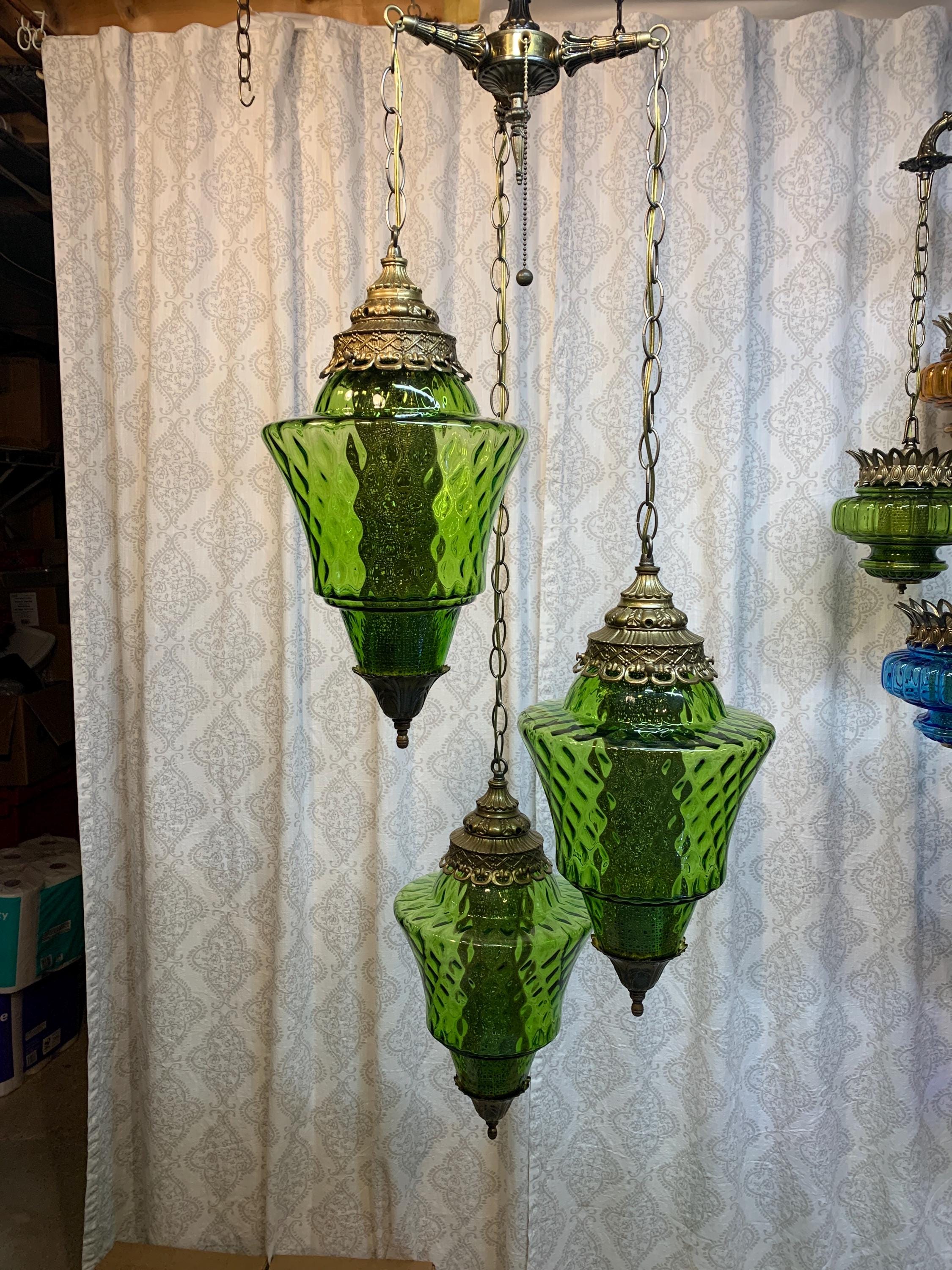 Absolutely Awesome Triple Green Optic Glass Swag Hanging Lamp