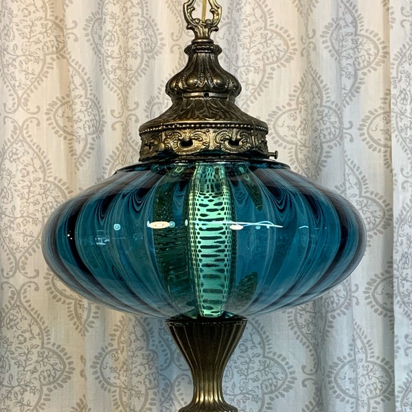 Real Blue Ribbed glass saucer vintage hanging swag lamp light
