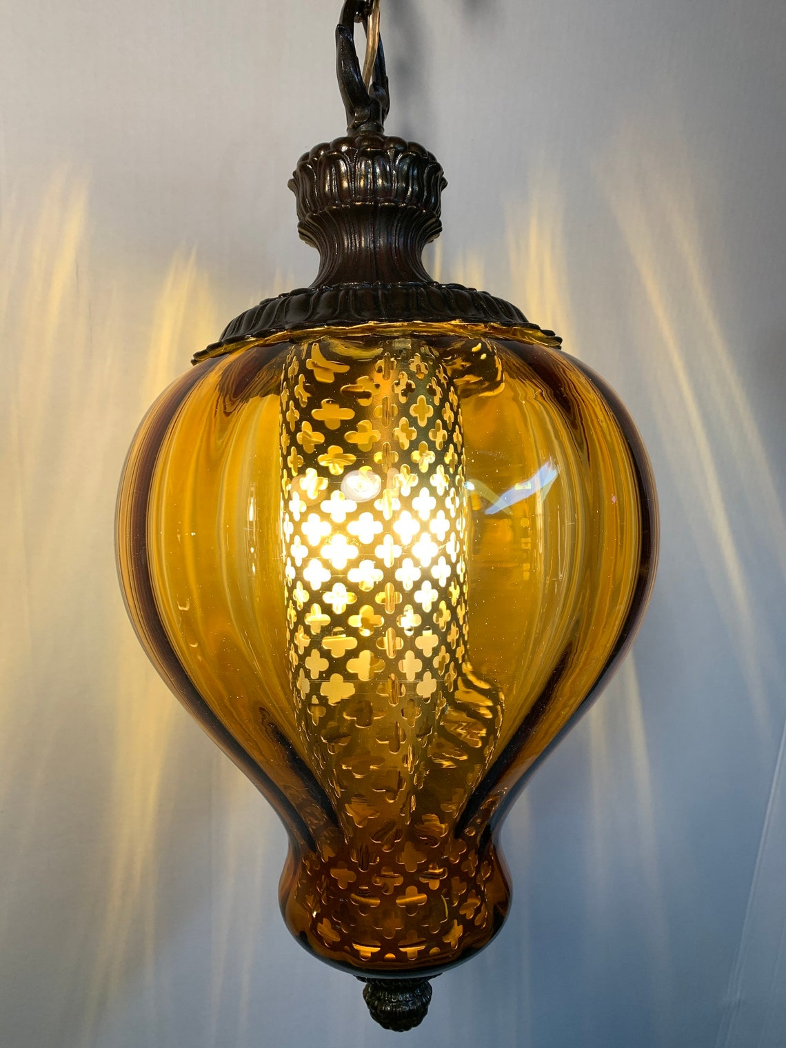 Amber glass vintage hanging swag lamp light Etsy