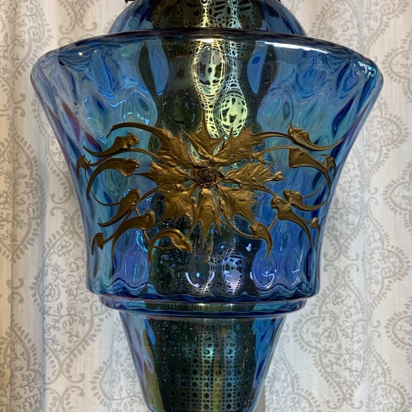 Nice real blue carnival glass vintage hanging swag lamp light