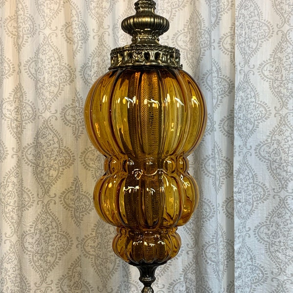 Long Real Amber Ribbed Glass Hanging Swag Lamp Light