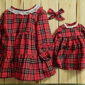 The &quot;Cranberry Christmas&quot; dress for girls with hair bow, matching doll dress