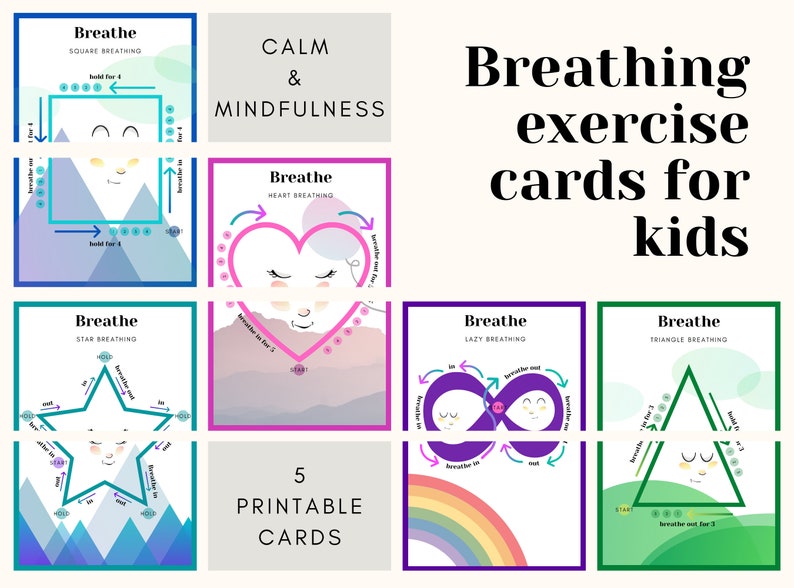 Activity cards for toddlers Breathing exercise cards Printable activity flashcards Yoga breathing cards for kids Deep breathing image 1