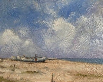 Boats on The Beach I | Original Oil on Canvas Board Painting by Vernon Lintern | Art for the Home & Office