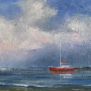Red Yacht | Original Oil on Canvas Board Painting by Vernon Lintern | Art For The Home & Office