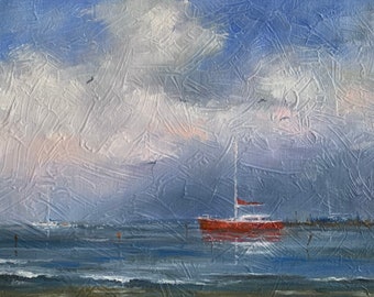 Red Yacht | Original Oil on Canvas Board Painting by Vernon Lintern | Art For The Home & Office