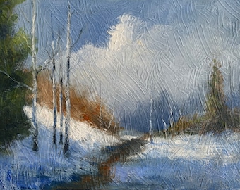 Nieve en la colina / Pintura original de paisaje al óleo sobre lienzo de Vernon Lintern / Arte para el hogar y la oficina