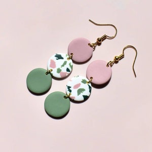 Sage Green and Dusky Pink Polymer Clay Earrings - Chic Dark Green & Pink Terrazzo Dangle Earrings UK - Everyday Statement Clay Earrings UK