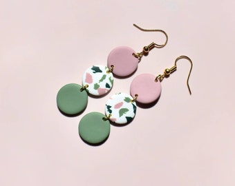 Sage Green and Dusky Pink Polymer Clay Earrings - Chic Dark Green & Pink Terrazzo Dangle Earrings UK - Everyday Statement Clay Earrings UK