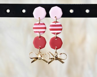 Handmade Polymer Clay Earrings – Pink & Red with Gold Bows