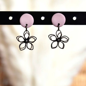 Elegant, Minimalist Polymer Clay Stud Earrings with Black Wire Flowers - Simple, Feminine Everyday Earrings - Floral Earrings UK