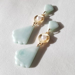 Classy Scallop Stud Drop Polymer Clay Earrings with Pearl UK - Light Blue Pearlescent Clay Scallop Art Deco, Elegant, Feminine Earrings UK