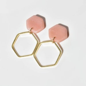 Geometric Hexagon Polymer Clay Stud Drop Earrings with Brass Hexagons - Shimmery Peachy Pink and Gold - Classy, Elegant, Feminine Earrings