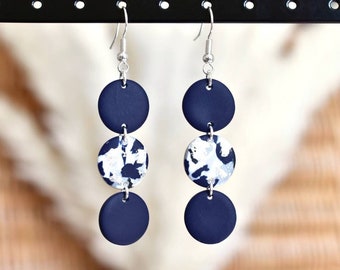 Navy Blue Polymer Clay Earrings - Navy Blue & Silver Terrazzo Dangle Earrings UK - Everyday Clay Earrings UK with Silver Leaf