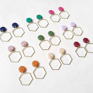 Minimalist Polymer Clay Geometric Stud Drop Earrings UK - Simple, Elegant, Everyday Circle Clay Earrings with Raw Brass Hexagons