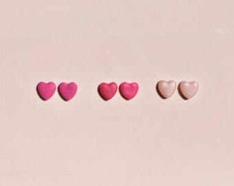Small Pink Love Heart Polymer Clay Studs Multi Pack - Hot Pink Rose Quartz Earrings - Small Cute Minimal Stud Earrings - 3 Pairs of Earrings