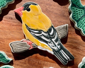 Ceramic Goldfinch Mosaic Tile, Handcrafted and Glazed, Songbird Garden Tile for Crafting and Making Indoors or Out