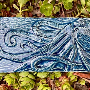Octopus Tile, Ceramic Handmade Relief Tile, Carved Pottery Art, Deep Sea Blue Ocean Beach Theme, Unique Decor