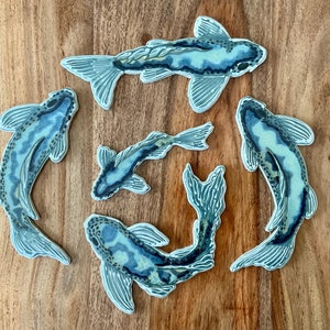 Koi Mosaic Tile, Grey Blue and Turquoise, Five Original Designs, Handpainted Ceramic Pond Fish, For Crafting and Making Indoors or Out